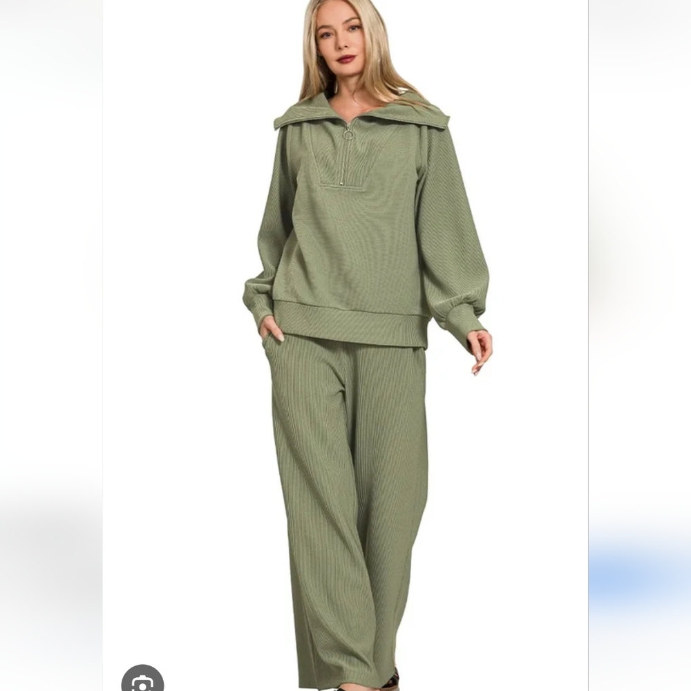 Zenana SET Ribbed High Neck Half Zip Pullover & Pants Set small olive green